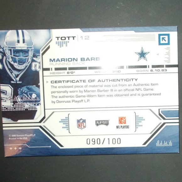 Marion Barber III 2008 NFL Absolute Memorabilia Tools Of The Trade Relic #90/100 - Picture 2 of 2